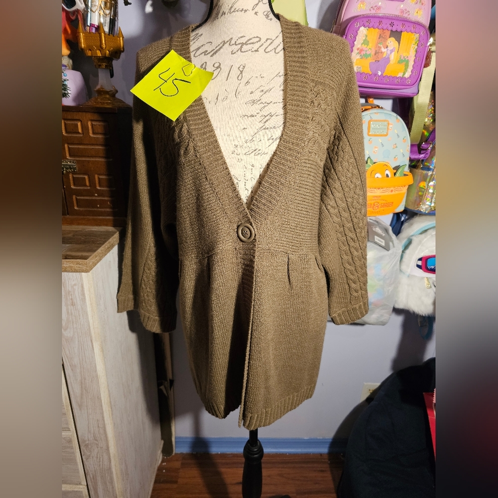St John's Bay Cardigan Womens 1X Beige Chunky Button Sweater